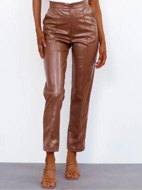 Hello Molly High-Waist Faux Leather Straight Leg Pants - Brown